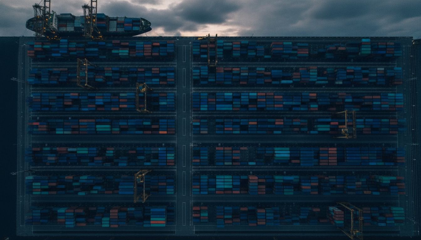 Aerial view of a container port at dusk with cool navy and teal grading