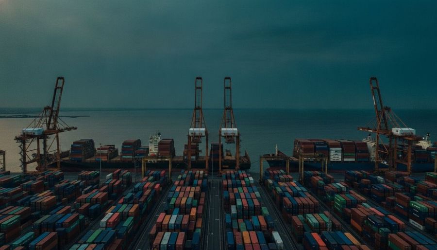 Aerial view of a deep-sea container port at golden hour, symbolizing CHOHELP's global logistics capability