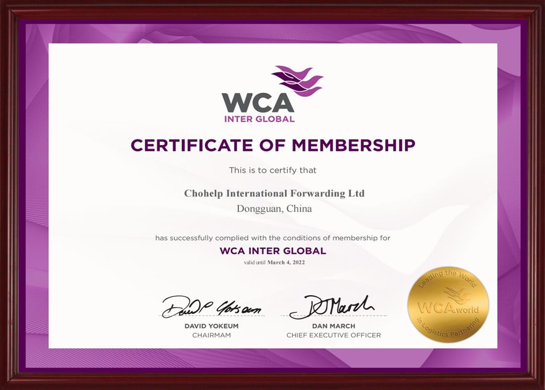 WCA Inter Global Membership certificate for CHOHELP