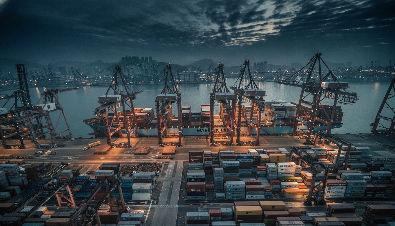 Cinematic aerial view of a container port at dusk representing CHOHELP global logistics network