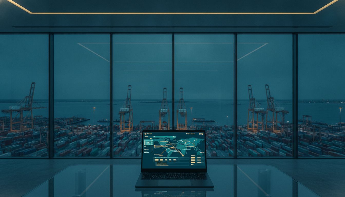Modern logistics control room with shipment tracking dashboard and container port view
