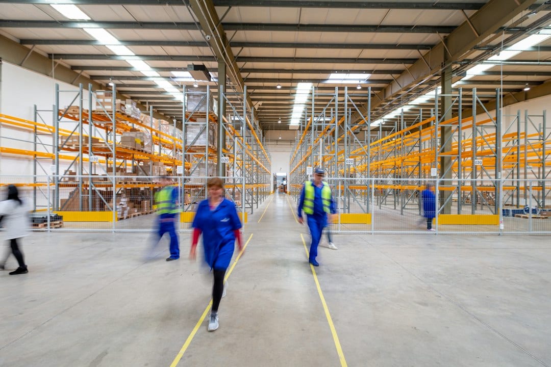 Modern smart warehouse interior with organized inventory and digital tracking
